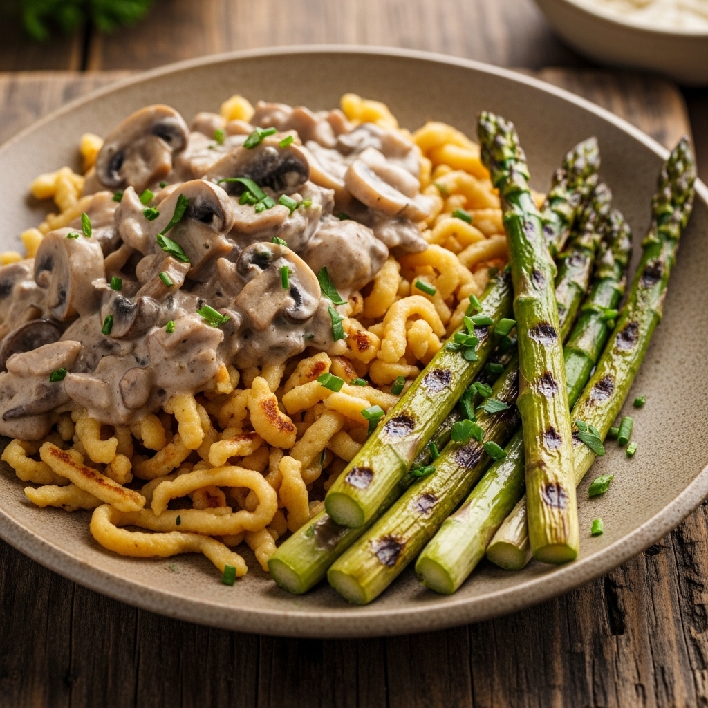 German Vegetarian Lunch: Mushroom Stroganoff with Spätzle and Grilled Asparagus